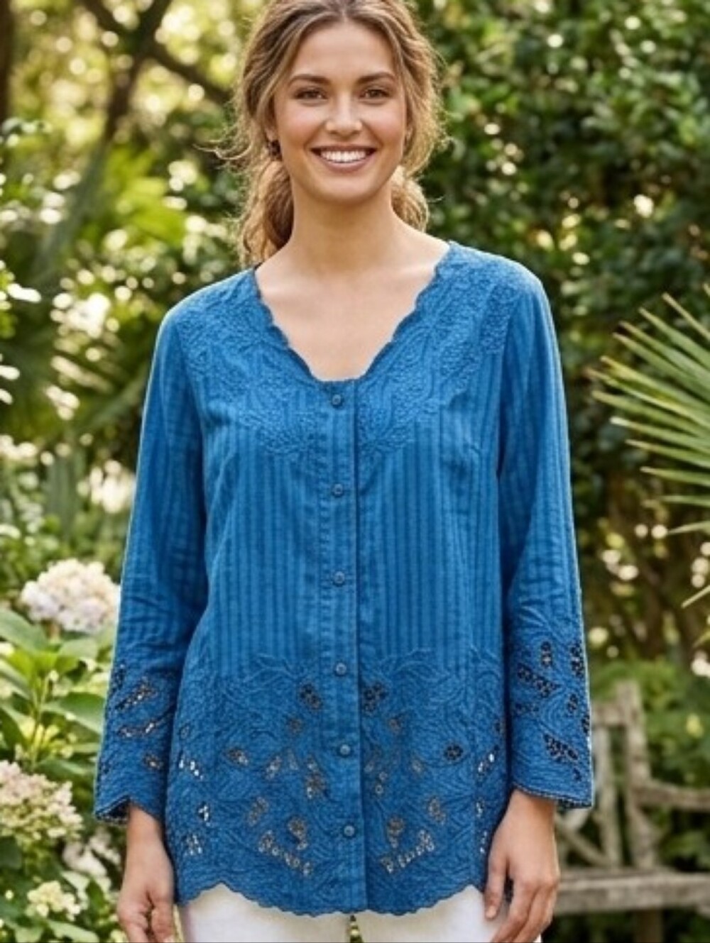 Soft Surroundings Teal Lace Accent Blouse